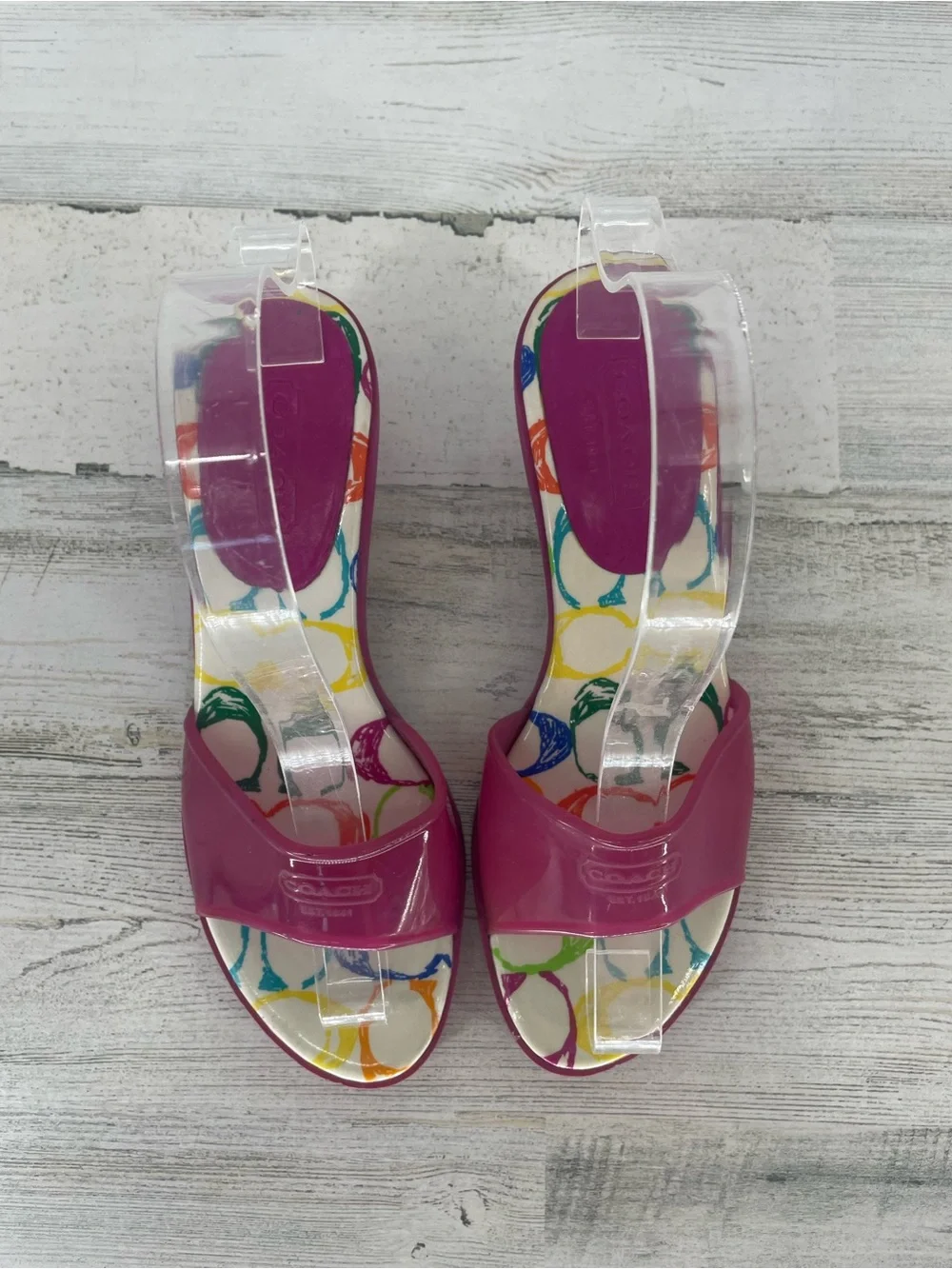 VTG Y2K Coach SCRIBBLE Signature Jelly Pink Kitten Heel Slip On Sandals Size 7.5 - Picture 3 of 6